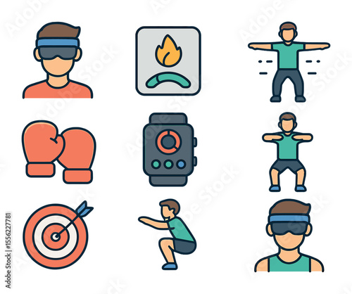 Virtual Fitness Icon Set. Flat icon set of fitness in VR games: sweatband avatar, calorie counter, movement