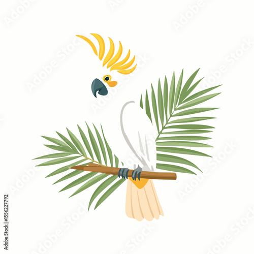 A tropical cockatoo perched on a branch surrounded by palm fronds, perfect for summer designs and exotic wildlife themes.