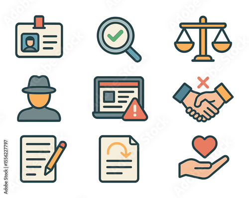 Journalism Ethics Icons. Flat icon set of journalism ethics and bias: press badge, fact-check symbol, balanced