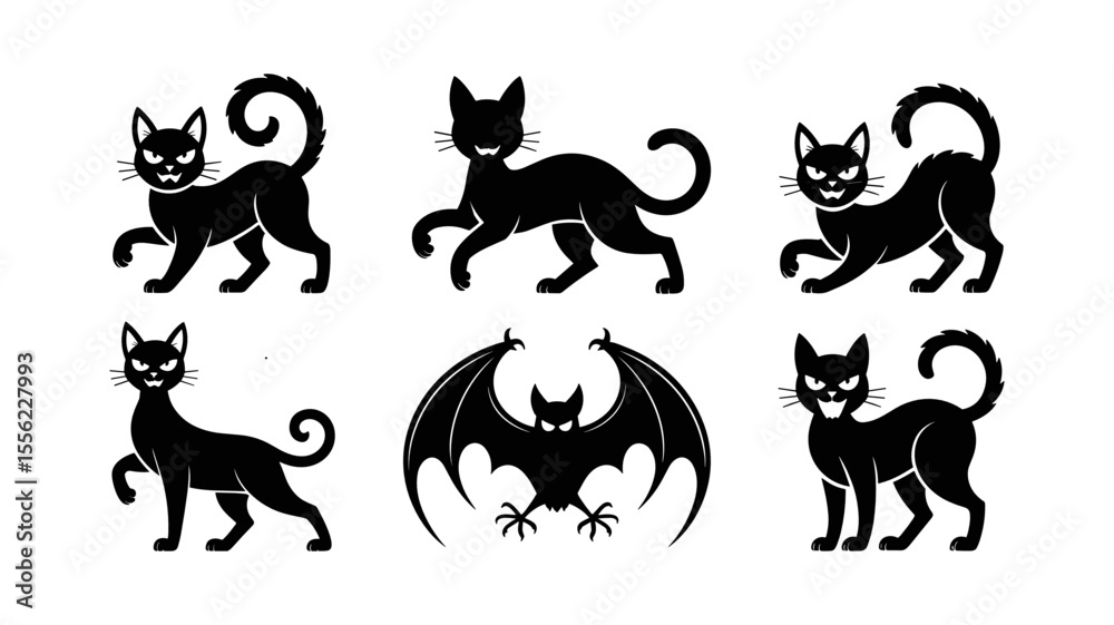 Fototapeta premium Spooky Shadows: Silhouettes of black cats and a bat evoke a playful yet eerie atmosphere, perfect for projects requiring Halloween spirit. 