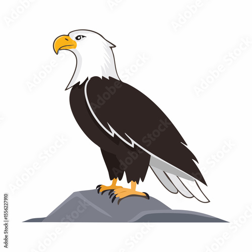 Illustration of a majestic bald eagle with a yellow beak perched on a rock against a white background