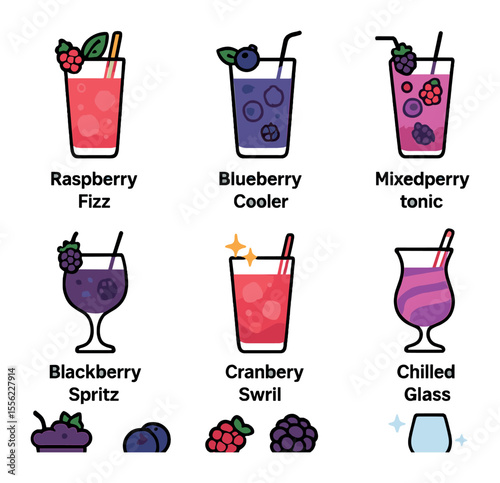 Berry Mocktail Icons. Flat icon set of berry mocktails: raspberry fizz, blueberry cooler, mixed berry tonic,