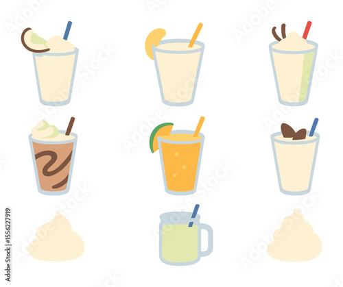 Creamy Mocktails Icons Grid. Flat icon set of creamy mocktails: coconut milkshake, banana smoothie, vanilla