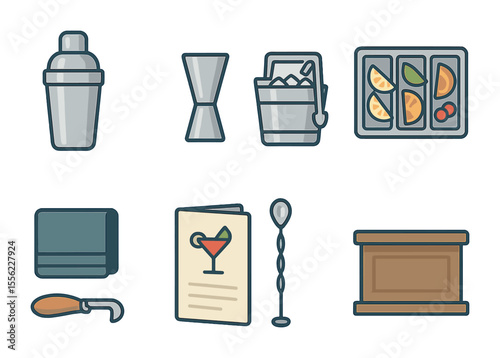 Mocktail Bar Icons Set. Flat icon set of mocktail bar setup: shaker bottle, measuring jigger, garnish tray,