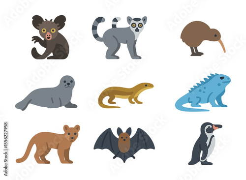 Endangered Island Animals. Flat icon set of endangered island species: aye-aye, lemur, kiwi, Hawaiian monk