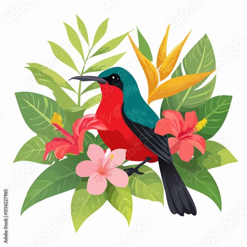 A vibrant bird with colorful plumage perched among lush tropical foliage and exotic flowers