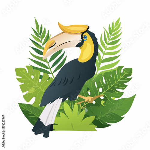 Illustration of a hornbill perched among tropical leaves with its large yellow beak and distinct black and white plumage