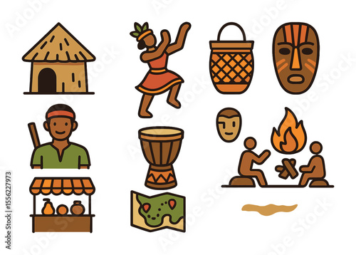 Cultural Tourism Icons. Flat icon set of cultural tourism in remote villages: thatched hut, traditional dance,