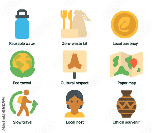 Sustainable Travel Icons. Flat icon set of sustainable cultural travel: reusable water bottle, zero-waste kit,
