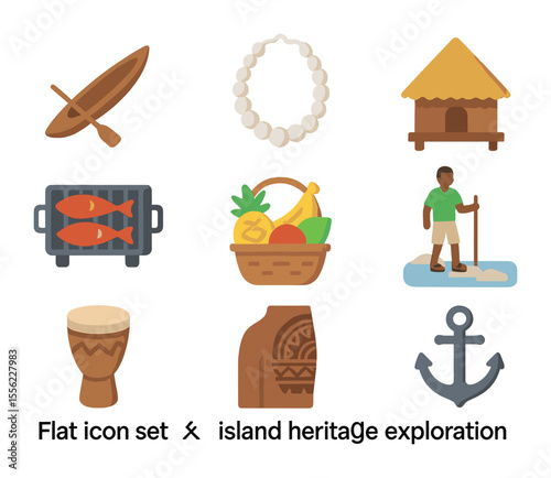 Island Heritage Icons. Flat icon set of island heritage exploration: canoe, shell necklace, thatched roof
