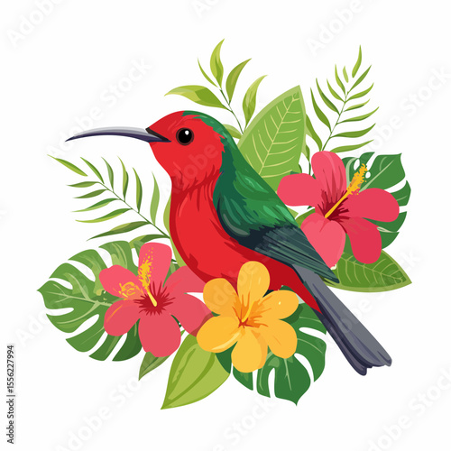 Colorful tropical bird illustration with red plumage and green wings surrounded by vibrant pink and yellow flowers with lush leaves