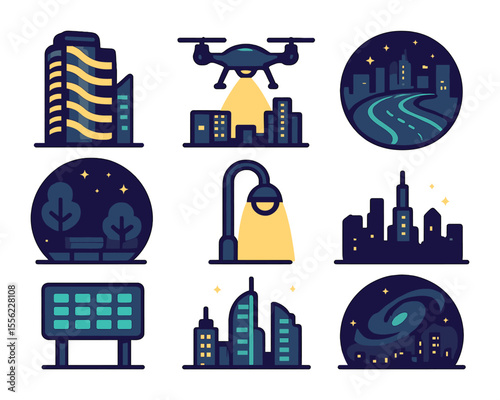 Futuristic Night City Icons. Flat icon set of nighttime future cities: glowing facade, night drone patrol,