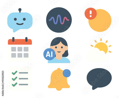 AI Assistant Icons. Flat icon set of personal AI assistants: chatbot bubble, voice assistant wave,