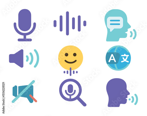 Voice Interaction Icons. Flat icon set of voice interaction systems: microphone icon, voice input waves,
