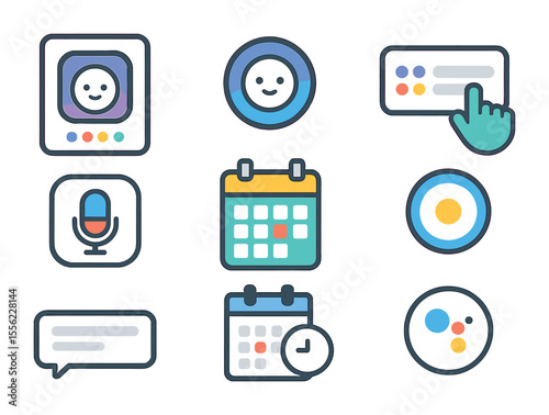 Mobile AI Icon Set. Flat icon set of mobile AI assistant apps: home screen widget, AI icon badge, smart