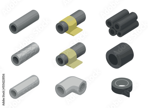 Pipe Insulation Icons. Flat icon set of pipe insulation materials: foam tubing, fiberglass wrap, rubber