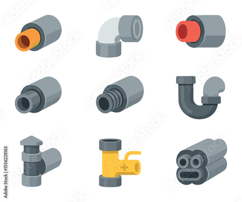 Pipe Types Icons. Flat icon set of pipe types for insulation: copper pipe, PVC pipe, PEX tubing, steel pipe,