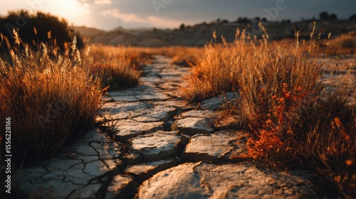 A cracked and dried-out path winds through the desert, bathed in the warm glow of the golden hour. Dry, golden grasses line both sides, creating a cinematic, photogenic scene.