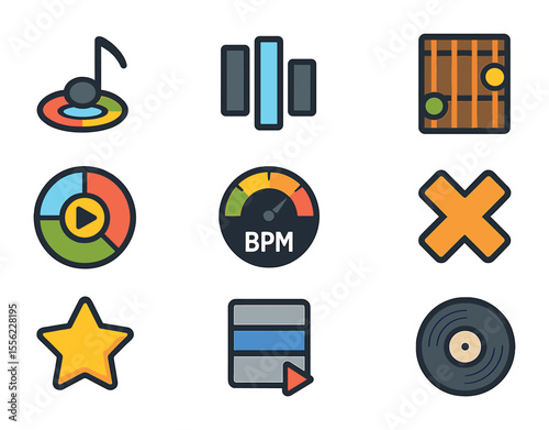 Indie Music Icon Set. Flat icon set of music rhythm indie games: note hit icon, beat bar, guitar fretboard,