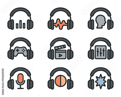 Headphone Sound Icons. Flat icon set of headphone sound profiles: flat EQ, bass boost, vocal clarity, gaming