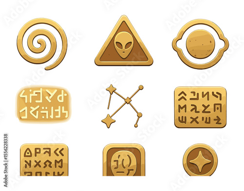 Ancient Alien Symbols. Flat icon set of ancient alien symbols: spiral glyph, triangle seal, planetary rune,