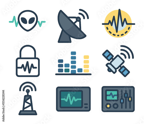 Cosmic Signals Grid. Flat icon set of cosmic signals and communication: alien waveform, deep space dish, radio