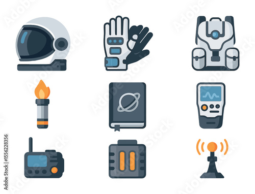 Interstellar Mission Gear. Flat icon set of interstellar mission gear: exploration helmet, high-tech gloves,