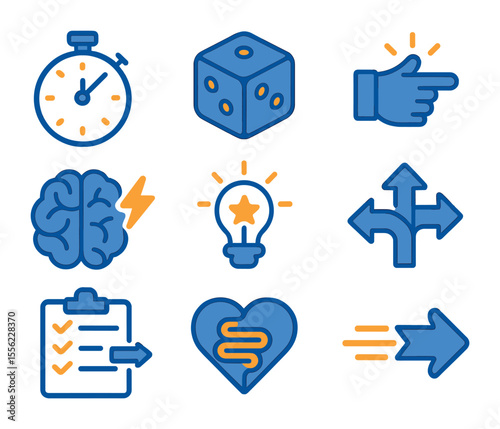 Quick Decision Icons. Flat icon set of fast decision-making techniques: 5-second rule icon, decision dice,