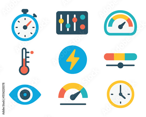 Performance Icons Grid. Flat icon set of performance in high-stakes environments: stopwatch, control panel,
