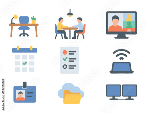 Hybrid Work Icons. Flat icon set of hybrid work environments: home office desk, coworking space, video call