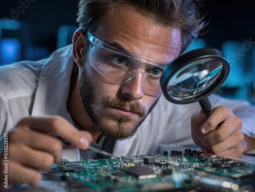 Precision Engineer: A focused engineer in safety glasses meticulously examines a circuit board through a magnifying glass in a high-tech environment.