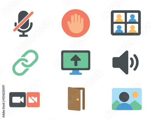 Virtual Meeting Icons. Flat icon set of virtual meetings: mute icon, hand raise button, participant grid,