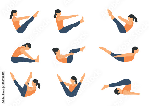 Pilates Movement Icons. Flat icon set of pilates movements: teaser pose, saw twist, single-leg stretch, spine