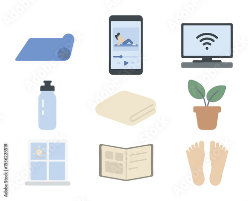 Home Pilates Setup Icons. Flat icon set of home pilates practice: living room mat, phone with workout video,