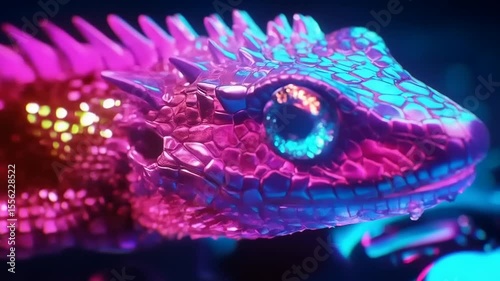 Neon Reptile Close-Up: Glowing Gecko with Vibrant Purple and Blue Scales