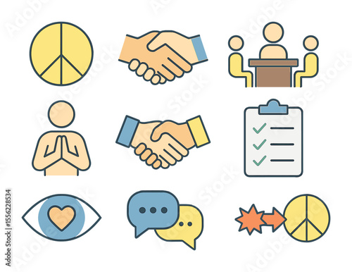 Conflict Resolution Icons. Flat icon set of conflict resolution in friendship: peace sign, compromise icon,