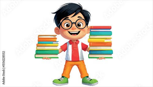 A cartoon of a boy holding books