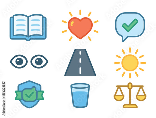 Symbols of Honesty. Flat icon set of signs of honesty: open book, glowing heart, checkmark in talk bubble,