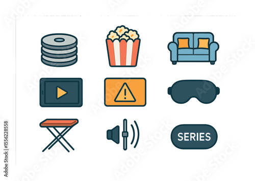 Binge-Watching Essentials Icons. Flat icon set of binge-watching setup: stack of DVDs, popcorn with butter,