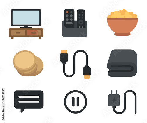 Home Entertainment Accessories. Flat icon set of watching setup accessories: TV stand, remote holder, snack