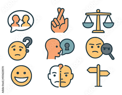Honesty Challenges Icons. Flat icon set of friendship honesty challenges: gossip bubble, crossed fingers,