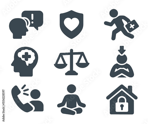 Crisis Intervention Icons. Flat icon set of crisis intervention: emergency chat, mental health badge, rapid