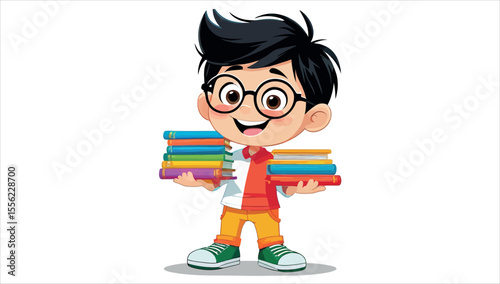 A cartoon of a boy holding books