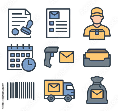 Delivery Logistics Icons. Flat icon set of outgoing delivery logistics: stamped document, mail request form,
