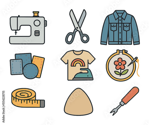 DIY Clothing Customization. Flat icon set of DIY clothing customization: sewing machine, fabric scissors,