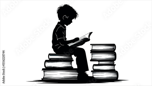 A Silhouette of a boy reading a book