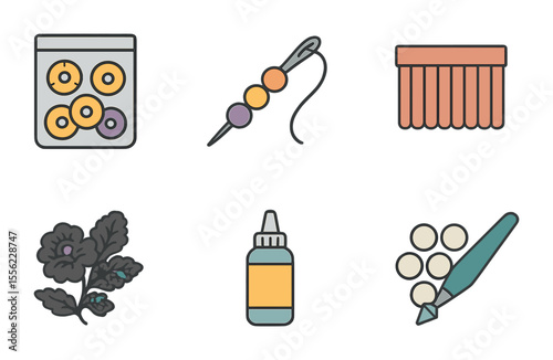 DIY Embellishment Icons. Flat icon set of DIY textile embellishments: sequins pack, bead needle, fringe trim,