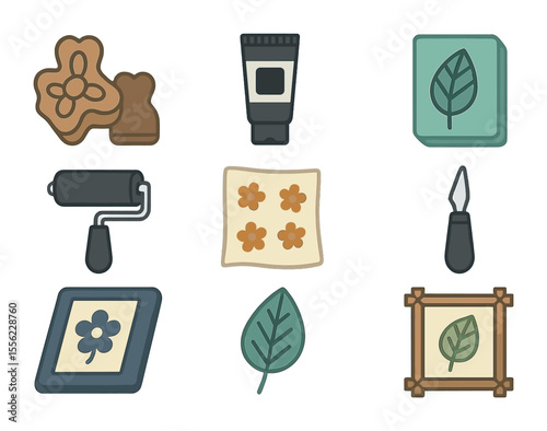 DIY Fabric Printing Icons. Flat icon set of DIY fabric printing techniques: wooden stamps, block printing ink,