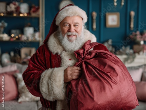 Santa with Sack of Presents: A jovial Santa Claus, in his iconic red suit and snowy beard, beams with warmth, clutching a sizable sack, embodying the spirit of festive joy and anticipation.