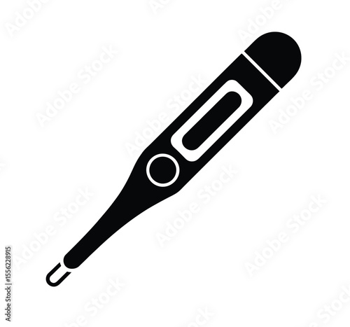 A simple black and white icon illustration of a digital thermometer